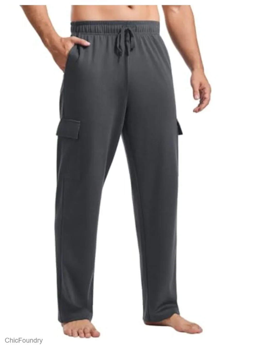 Men's Cargo Sweatpants Pockets Open Bottom Baggy Cotton Jogger Uncuffed Lounge